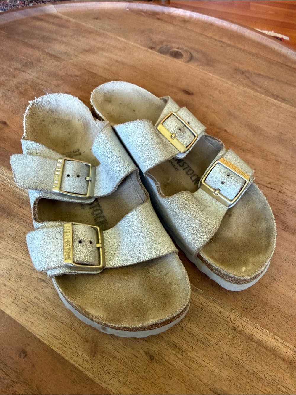Birkenstock-Arizona Big Buckle shimmery silver with gold buckle unique combo!